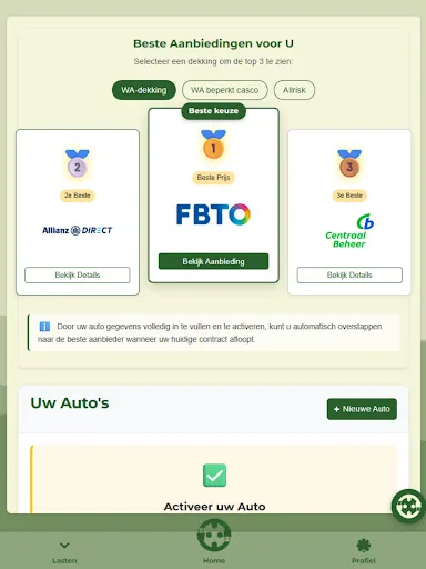 Voorbeeld van de autoverzekeringsweergave in de officiële app van Automatisch Overstappen