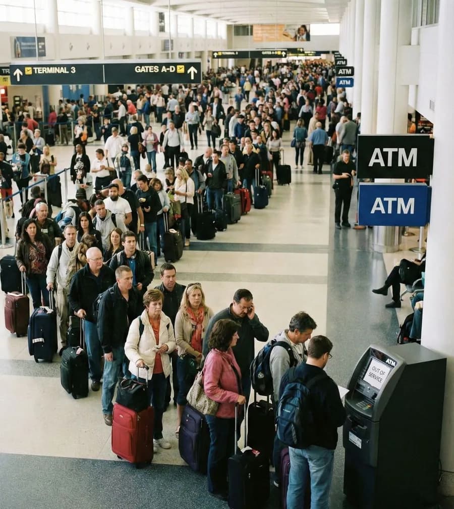 Reizigers bij geldautomaten op een officieel reisbeeld van GWK Travelex