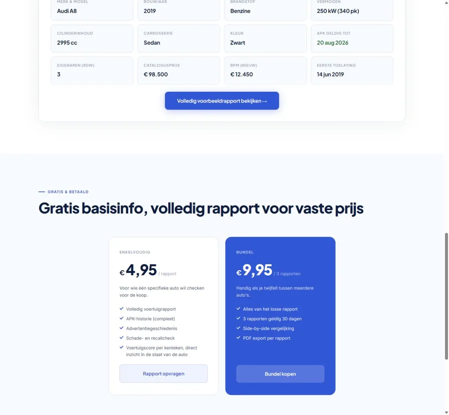 Officiële websiteweergave met rapportopties op Kentekenopzoeken.nl