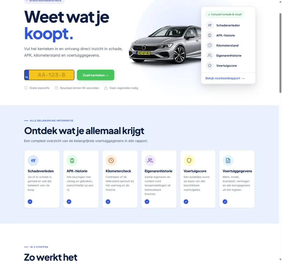 Officiële websiteweergave met rapportonderdelen op Kentekenopzoeken.nl