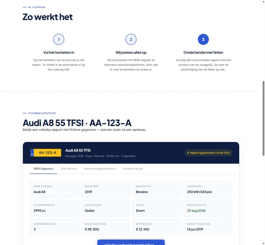 Officiële websiteweergave met een fictief voorbeeldrapport op Kentekenopzoeken.nl