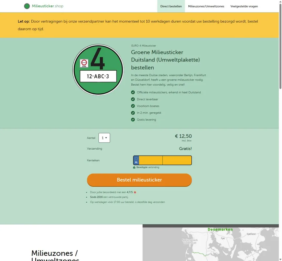 Officiële websiteweergave van de groene Duitse milieusticker op Milieusticker.shop