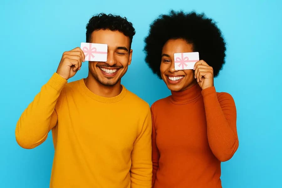 Twee personen met cadeaukaarten op een officieel beeld van Monniez