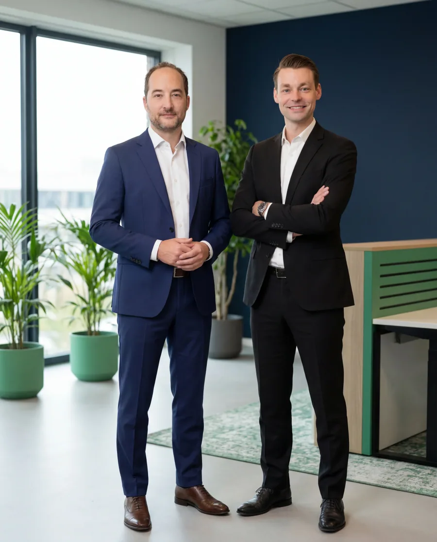 Twee personen op een officieel beeld bij de overstapservice van Slimboekhouden