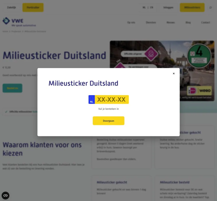 Officieel leeg kentekenvenster voor een Duitse milieusticker op Vwe.nl