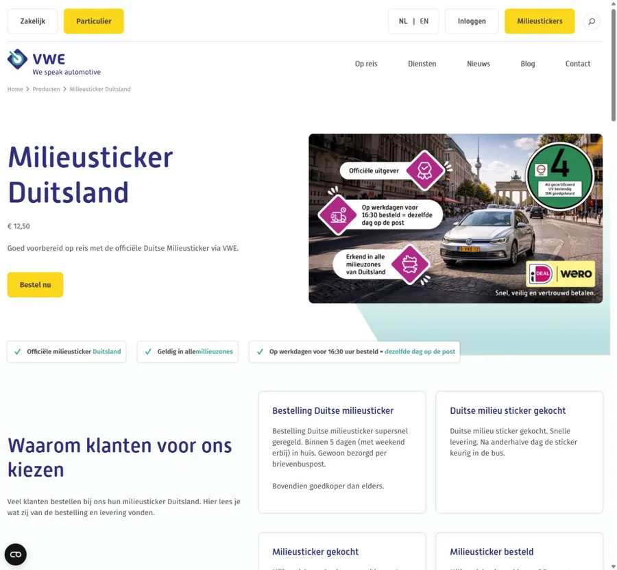 Officiële productpagina voor de Duitse milieusticker op Vwe.nl